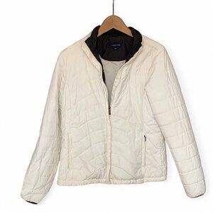 Lands End Women's Quilted White Brown Jacket M 10-12 Lightweight Nylon Zip Front